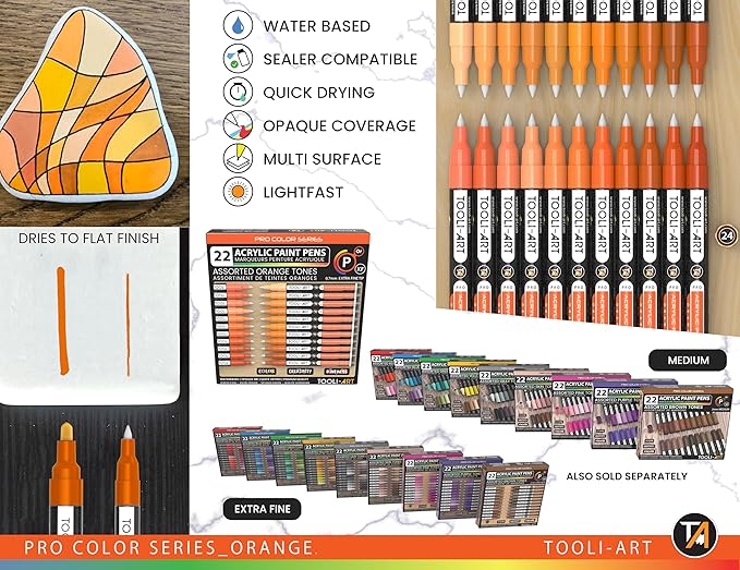 Acrylic Paint Pens 22 Orange Tones Assorted Pro Color Series Markers Set 0.7mm Extra Fine Tip for Rock Painting, Glass, Mugs, Wood, Metal, Canvas, Projects, Non Toxic, Waterbased, Quick Drying