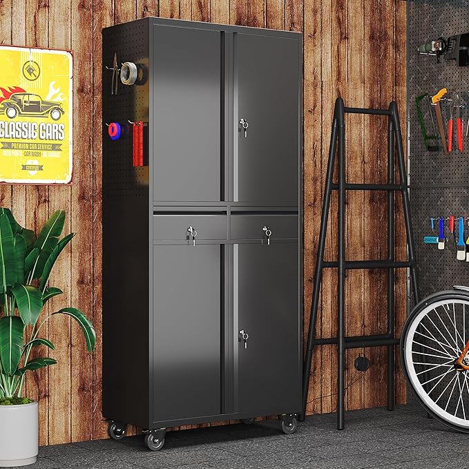 Aobabo Garage Storage Cabinet with Wheels, Metal Tool Storage Cabinet with 2 Drawers for Garage Home,Assembly Required,Black
