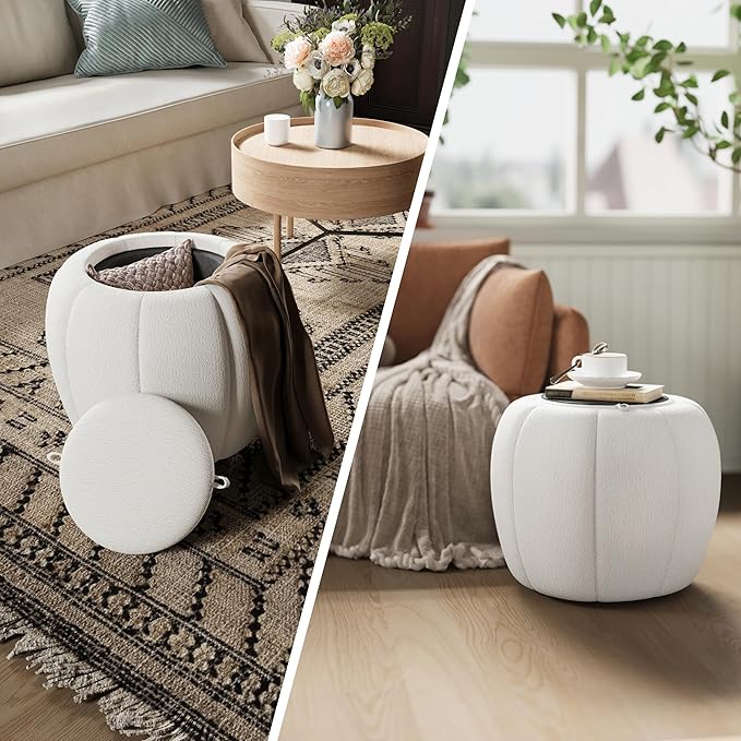 Storage Ottoman, Round Ottoman with Storage, Upholstered Soft Vanity Stool for Living Room, Foot Stool Ottoman for Bedroom, Entryway (Beige)