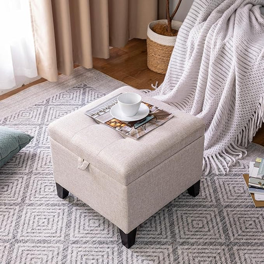 Adeco 18 Inch High Cube Ottoman Storage, Linen Chair Foot Stools, Upholstered Vanity Stool with Hinged Lid, Solid Wood Legs (Beige Grey)