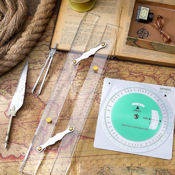 3 Pcs Marine Navigation Kit, Basic Navigation Set Include 18" Marine Parallel Ruler with Clear Scales, 8" Diameter Nautical Plotter Protractor, 6" Fixed Point Divider for Boat Accessories