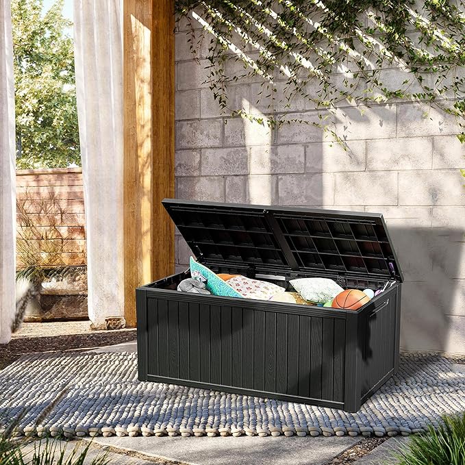 270 Gallon Lockable Resin Deck Box, Waterproof & UV-Resistant Outdoor Storage Box for Outdoor Cushion Storage, Garden Tools & Pool Accessories Storage, Black