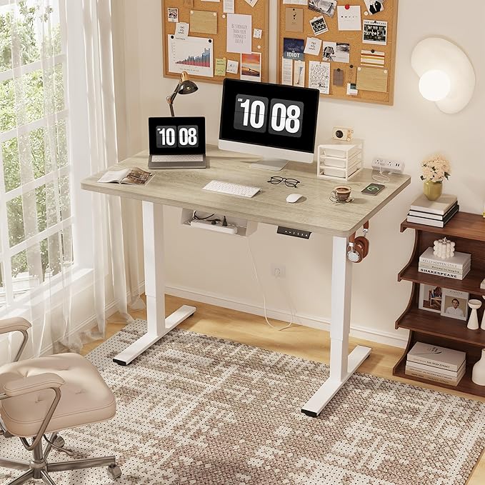 FLEXISPOT EN2 Whole-Piece Standing Desk with Clamp Power Strip, 48 x 24 Electric Stand Up Height Adjustable Desk with Cable Management (White Frame + 48" White Wood Grain Desktop)