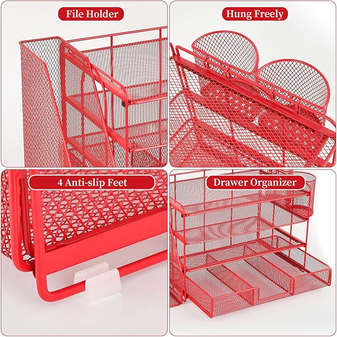 gianotter Paper Letter Tray Organizer with File Holder, 4-Tier Desk Accessories & Workspace Organizers with Drawer and 2 Pen Holder, Desk Organizers and Accessories for Office Supplies (Red)