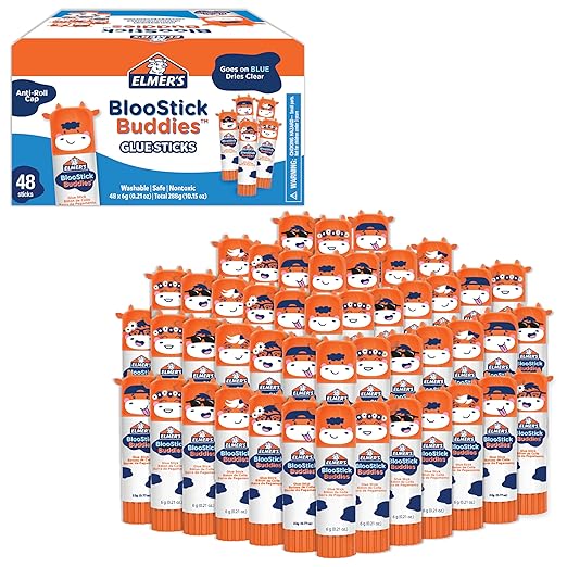 Elmer's BlooStick Buddies Glue Sticks, Disappearing Blue Glue Stick, Anti-Roll Cap, 6g, 48 Count