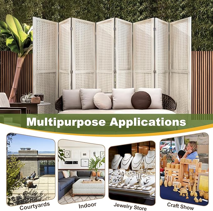 NicBex 8 Panel Pegboard Display,5.6FT Wood PegBoard Room Dividers,Folding Privacy Screens Portable Freestanding Display Board for Craft/Art Shows,Room Separation,Natural Wood