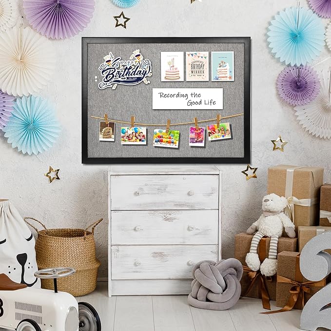 SHANTRA 24 x 18 Inch Bulletin Board with Grey Fabric, Wood Framed Canvas Cork Board, Corkboard for Walls with 10 Pins, Decorative Vision Board, Wall Mounted Notice Board for Home, Office, School