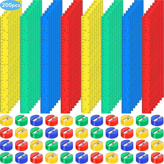100 Pcs Plastic Rulers and 100 Pcs Mini Round Manual Pencil Sharpener Bulk, 4 Assorted Colors Pocket Sized Pencil Sharpeners Colorful Straight Ruler Back to School Supplies for Kids (Fresh,12 Inch)
