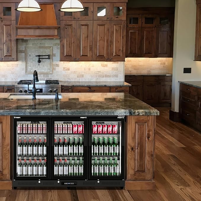 54 inch 318-can Triple Hinged Door Back Bar Cooler, 10.42 cu. ft. Under Counter Glass Door Bar Fridge with hinged doors, lockable, 32-50°F Beverage Refrigerator, ETL Certified, Black