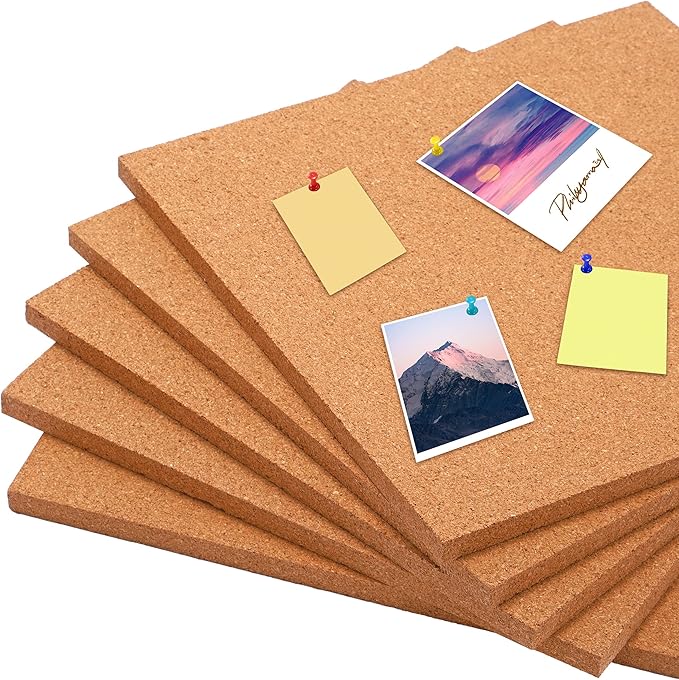 SUNGIFT Cork Boards for Walls - 12" x 12" Corkboard Squares, 1/2" Thick Cork Board Tiles, 6 Pack Wall Bulletin Board with 50 Push Pins for Office, Home Decor