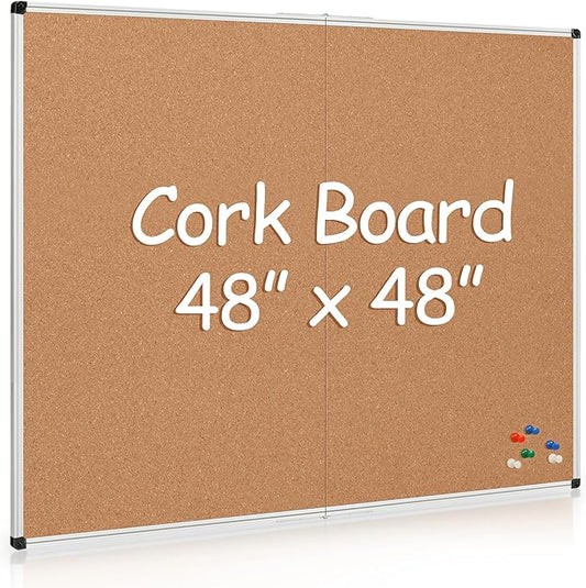 Board2by Extra Large Cork Bulletin Board 48" X 48", Foldable Notice Pin Board for Wall, Silver Aluminum Framed 4'x4' Corkboard, Wall Mounted Noticeboard with 36 Push Pins for School, Home & Office