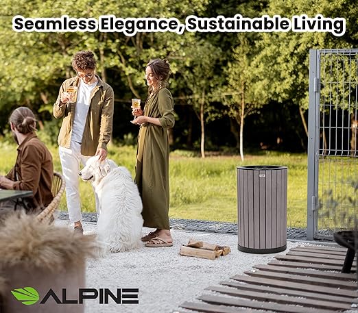 Alpine 32 Gallon Commercial Outdoor Trash Can - Heavy Duty Garbage Can Outdoor, Industrial Open Top Trash Can with Plastic Panels for Patio, Parks, Trails, Resorts (Flat Lid - Grey)