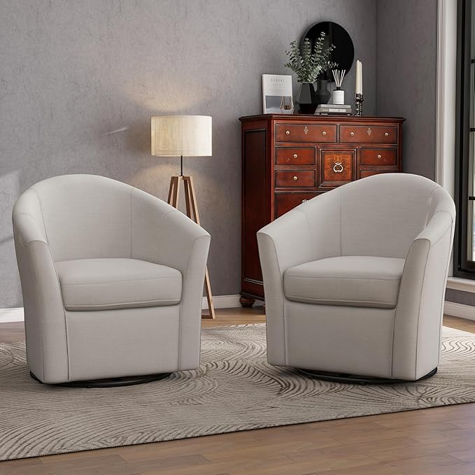 UIXE 360° Swivel Barrel Accent Chairs Set of 2, Modern Round Arm Chair Upholstered Club Armchair, Single Sofa Seating in Fabric for Living Room, Bedroom (Beige)