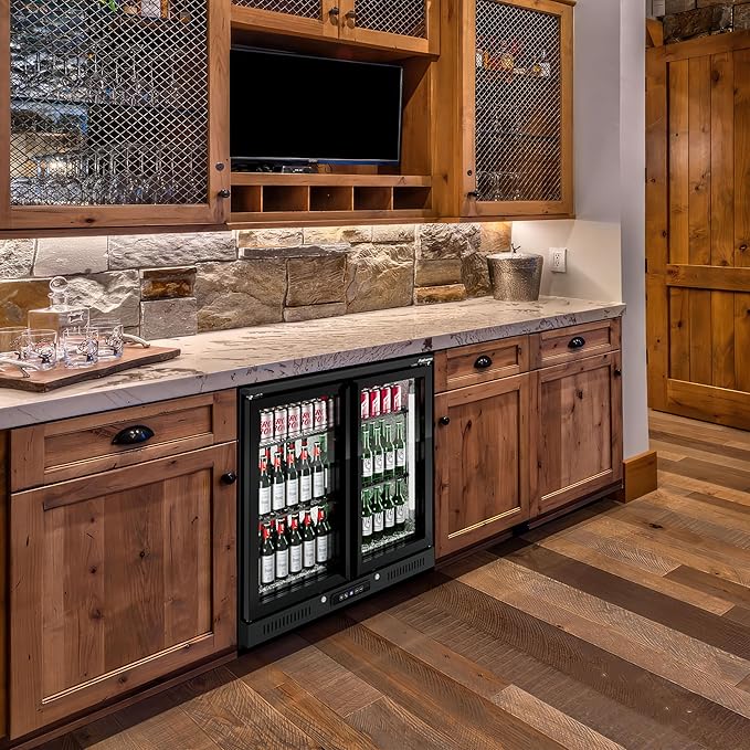 36 inch 206 cans Duo Hinged Door Back Bar Beverage Cooler, 6.75 cu. ft. Under Counter Glass Door Bar Fridge with hinged doors, lockable, 32-50°F Display Refrigerator, ETL Certified, Black