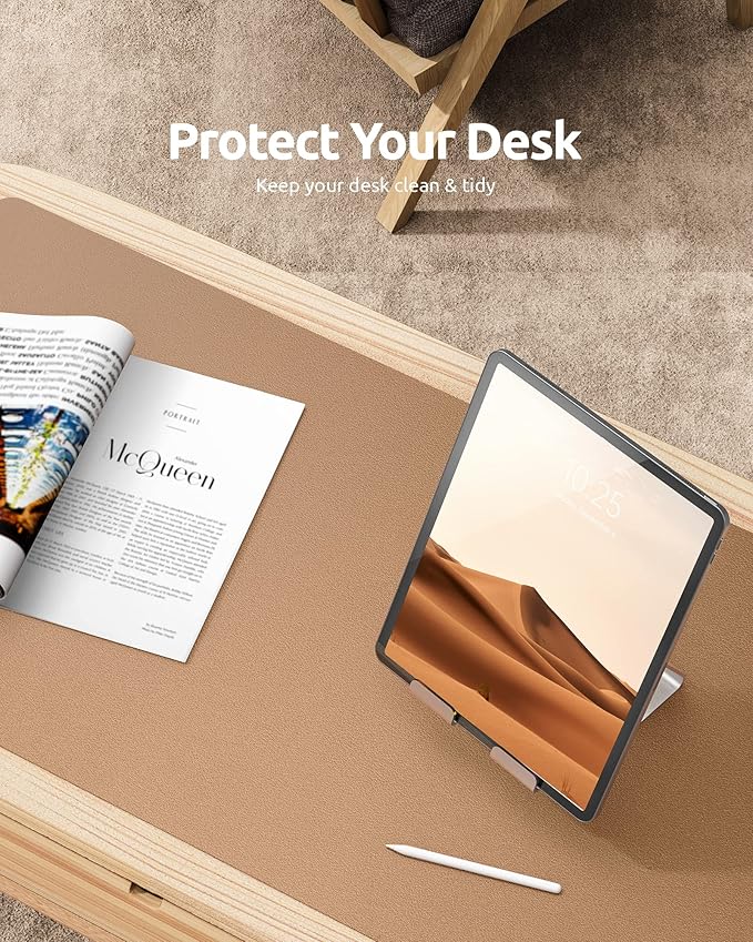 YSAGi Leather Desk Protector, Office Mat, Large Mouse Pad, Non-Slip PU Leather Blotter, Laptop Desk, Waterproof Writing Pad for Office and Home (Khaki, 35.4" x 17")