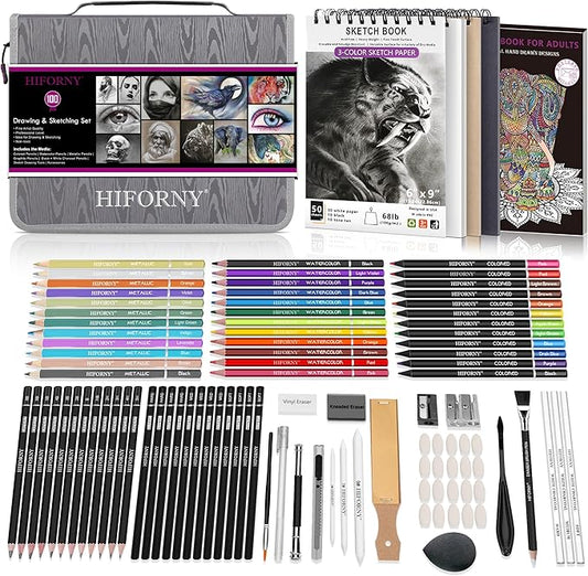 HIFORNY 100 PCS Drawing & Sketching Set, Professional Art Supplies with Graphite,Charcoal, Colored,Watercolor,Metallic Pencils,Blending Tools,Sketchbook and Coloring Book in Zipper Case (Grey)