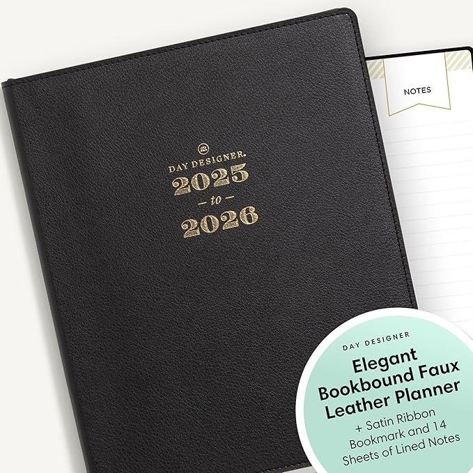 Blue Sky Day Designer 2025-2026 Academic Year Weekly and Monthly Planner Calendar, July 2025 - June 2026, 12-Month, 8" x 10", Faux Leather Cover, Bookbound, Black