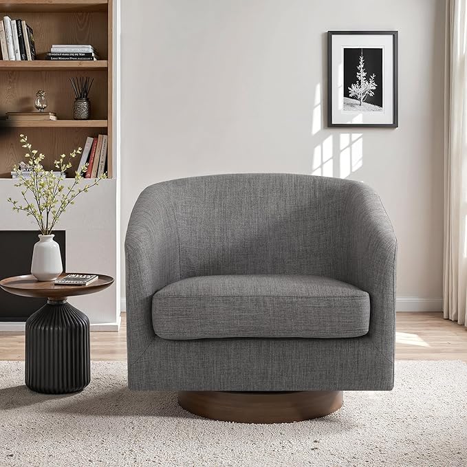 UIXE Swivel Accent Chair with Wood Base, Fabric Upholstered Barrel Chairs for Living Room, Comfy Round Armchair Single Sofa Bedroom Reading Seat - 31" W, Gray