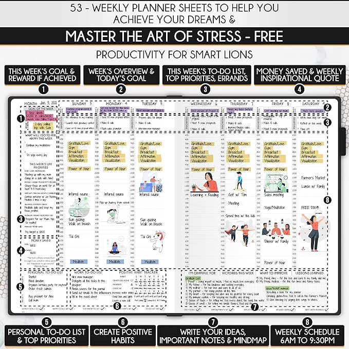 Hourly Planner - Undated Daily, Weekly & Monthly Planner with Budget Section | A 12 Month Journey to Increase Productivity & Happiness | Life Organizer & Gratitude Journal - Vertical Format