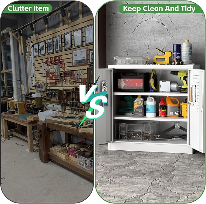 Aobabo 31.5" H Small Garage Storage Cabinet with Pegboard,Lockable File Storage Cabinet with 2 Adjustable Shelves for Garage, Office, School, Assembly Require, White