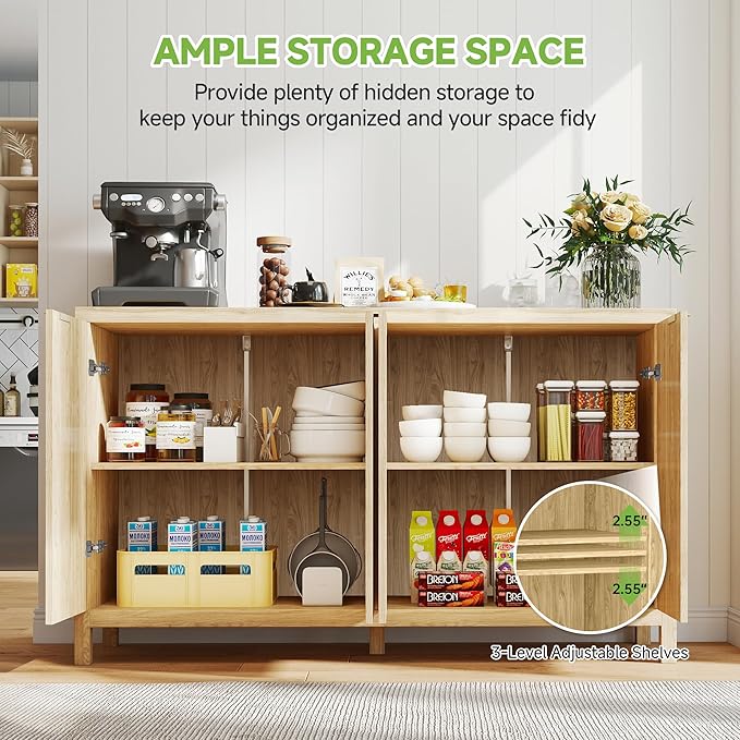 Real Relax Fluted Sideboard Cabinet, 4-Door Sideboard Buffet Cabinet with Storage, 55" Large Modern Credenza Adjustable Shelves, Buffet Table for Dining Room, Kitchen, Living Room, Natural Oak