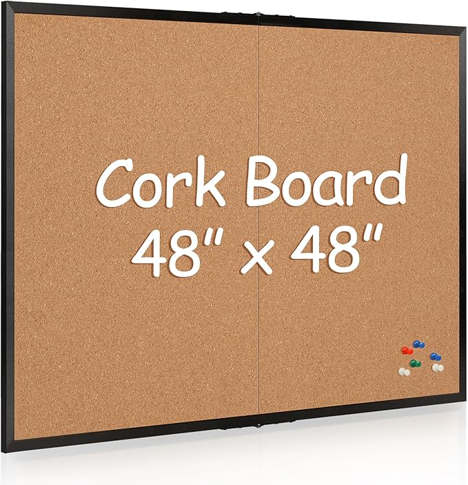 Board2by Extra Large Cork Bulletin Board 48" X 48", Foldable Notice Pin Board for Wall, Black Wood Framed 4'x4' Corkboard, Wall Mounted Noticeboard with 32 Push Pins for School, Home & Office