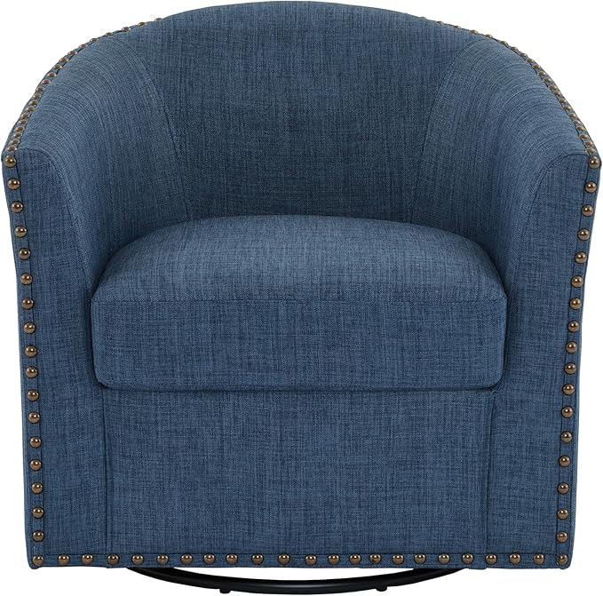 UIXE 360° Swivel Barrel Accent Chair Set of 2, Modern Upholstered Arm Chair Round Club Armchair, Nailhead Trim Single Sofa Seating in Fabric for Living Room - Blue