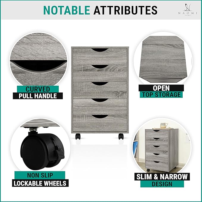 Naomi Home 5 Drawer Office Storage File Cabinet, Under Desk Cabinets for Organization Filing Cabinet with Wheels, Printer Stand Storage, 180 lbs Capacity - Gray Oak 11394AM