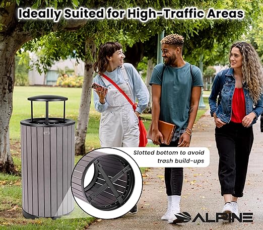Alpine 32 Gallon Commercial Outdoor Trash Can - Heavy Duty Garbage Can Outdoor, Industrial Trash Can with Plastic Panels for Patio, Parks, Trails & Resorts (Rain Bonnet Lid - Grey)