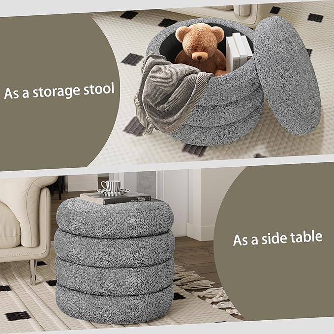 Storage Ottoman, Round Ottoman with Storage, Vanity Stool Foot Rest with Removable Lid, Round Boucle Upholstered for Living Room Pouf Footstool