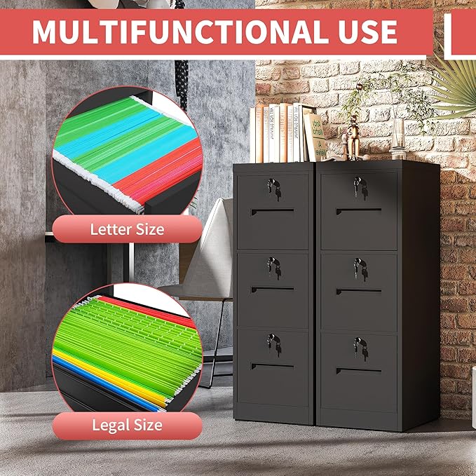 3 Drawer Metal File Cabinet with 3 Unique Locks Heavy Duty Locking File Cabinets Home Office Steel Filing Cabinet Vertical File Cabinets for Legal/Letter Size File,Assembly Required