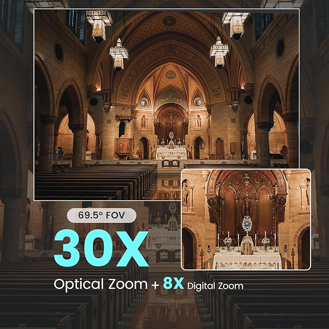 AI Auto Tracking PTZ Camera 3G-SDI/USB3.0/HDMI/LAN PoE 30X Optical and 8X Digital Zoom Live Streaming Camera 1080P 60FPS for Church Services Worship Education Events vMix OBS YouTube