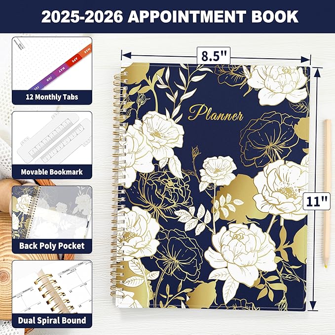 SUNEE 2025-2026 Appointment Book, Quarter-Hourly, Weekly & Monthly - from July 2025 to June 2026, 8.5"x11" Academic Planner, Flexible Cover, Note Pages, Bookmark, Spiral Binding, Vintage