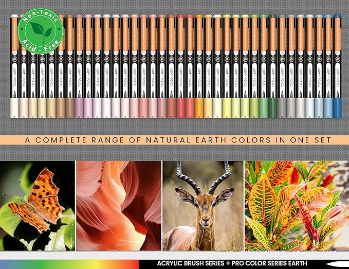 36 Flexible Brush Tip Earth Tones Acrylic Paint Pens Markers Set 1-7mm Line for Rock Painting, Brush Lettering, Glass, Mugs, Wood, Metal, Canvas, Fabric, Plastic. Non Toxic Waterbased Quick Drying