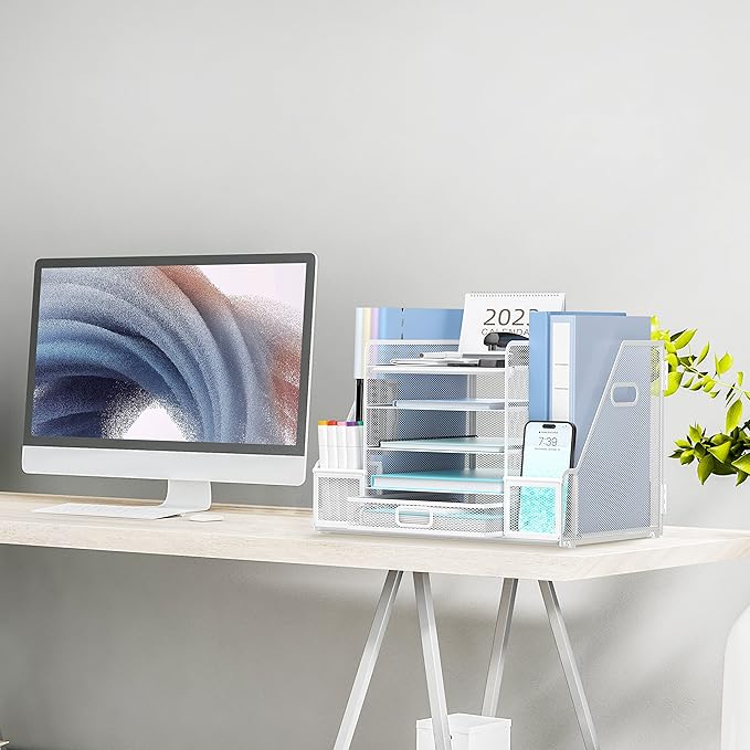 SUPEASY Mesh Desk Organizer with File Holder, 5-Tier Paper Letter Tray Organizer with Magazine Holder, Desktop Organizer and Storage with Drawer for Office Supplies Home or School, White