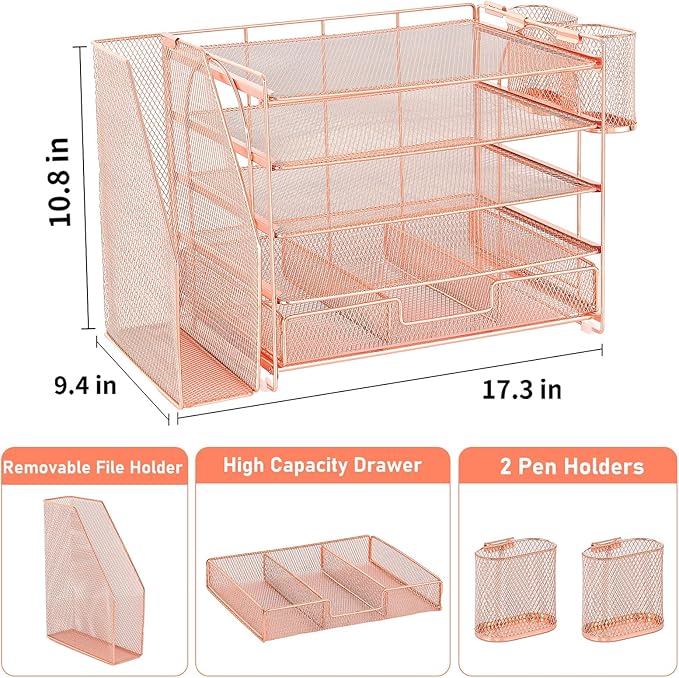 Desk Organizers and Accessories, 5-Tier Paper File Organizer with Drawer & Pen Holder, Office Desk Accessories Workspace Desktop Organizer for Office Supplies (Rose Gold)
