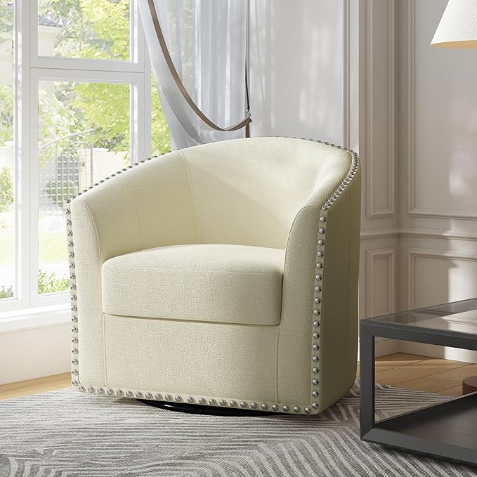 UIXE 360° Swivel Barrel Accent Chair, Modern Upholstered Arm Chair Round Club Armchair, Nailhead Trim Single Sofa Seating in Fabric for Living Room - White