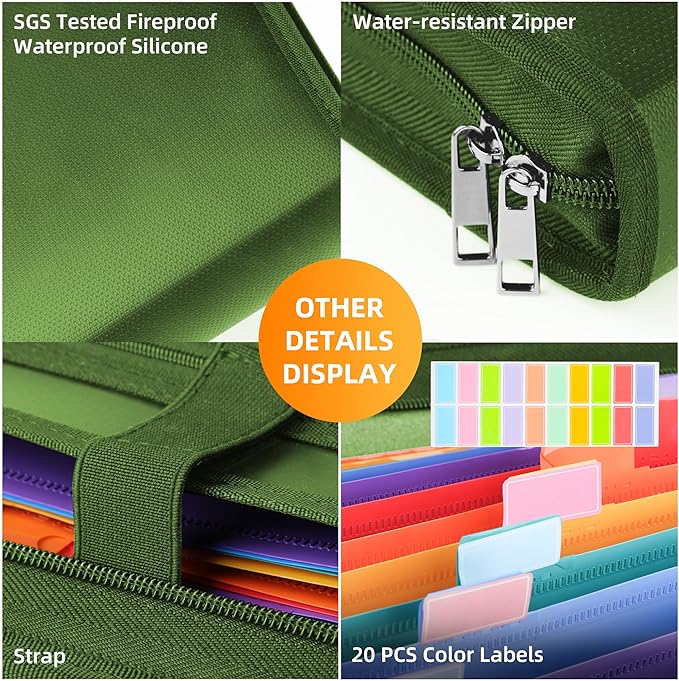 JUNDUN Accordion File Organizer - 12 Pocket Expanding File Folder with Zipper & Labels - Fireproof File Folder Organizer with Multi-Pockets,Document Organizer for Letter A4 Files and More (Green)