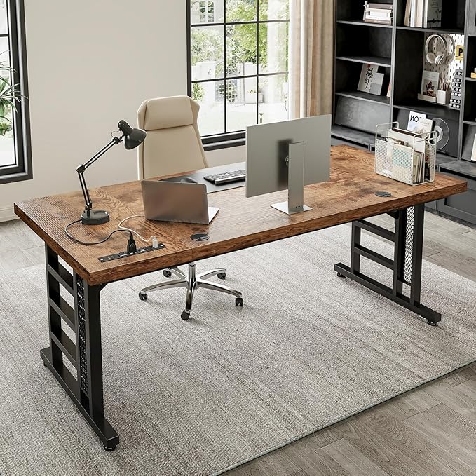 Coleshome 71 Inch Executive Desk with USB Ports, Large Computer Desk with Extra Thick, Long Mordern Office Desk, Workstation Business Furniture for Home Office, Vintage