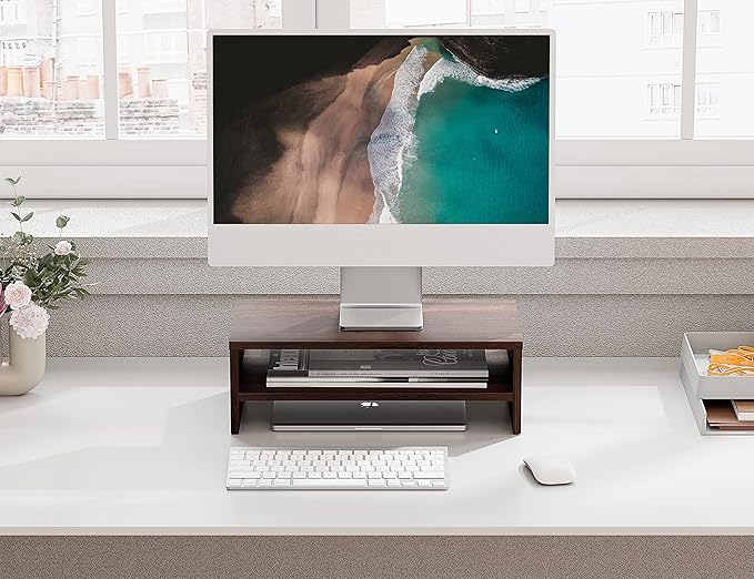 FITUEYES Monitor Stand - 2 Tier Computer Monitor Riser Shelf, Wood Desktop Stand for Laptop Computer Screen, Desk Organization, Office Supplies