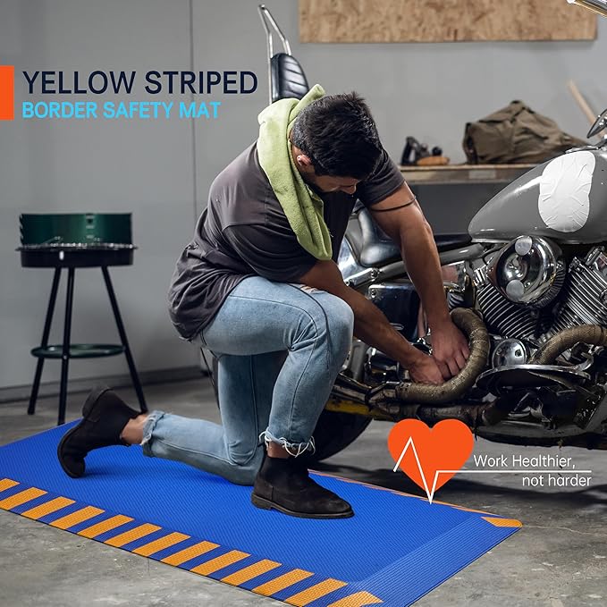 FEATOL Anti Fatigue Mat Industrial, Ergonomic Standing Floor Mat for Work for Stand, Blue with Yellow Border Safety 20" x 59"-Support for Leg & Back Pain