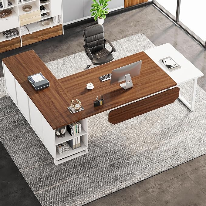 Tribesigns 70.8" L-Shaped Executive Desk with 55" File Cabinet, Large Home Office Computer Desk with Storage Shelves and Cabinet, Modern Business Furniture Set Home Office, Walnut White
