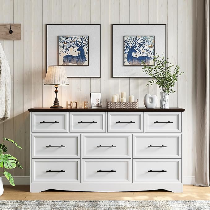 White Dresser for Bedroom, Farmhouse 10 Chest of Drawers, 59" Wide Chest of Drawers with Brushed Metal Handle, Wood Closet Organizers and Storage Cabinet for Bedroom, Living Room, Hallway