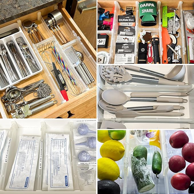 HiYZ Expandable Drawer Dividers with Inserts - Adjustable Drawer Organizers Separators for Kitchen, Bedroom, Dresser, Office, 8 Long Dividers(12.6-22.8 IN) with 16 Inserts(3.9-7.1 IN) - Clear