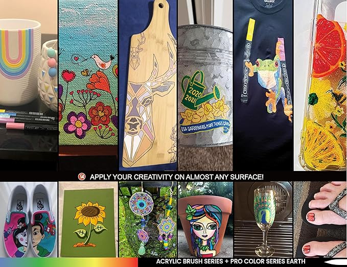 36 Flexible Brush Tip Earth Tones Acrylic Paint Pens Markers Set 1-7mm Line for Rock Painting, Brush Lettering, Glass, Mugs, Wood, Metal, Canvas, Fabric, Plastic. Non Toxic Waterbased Quick Drying