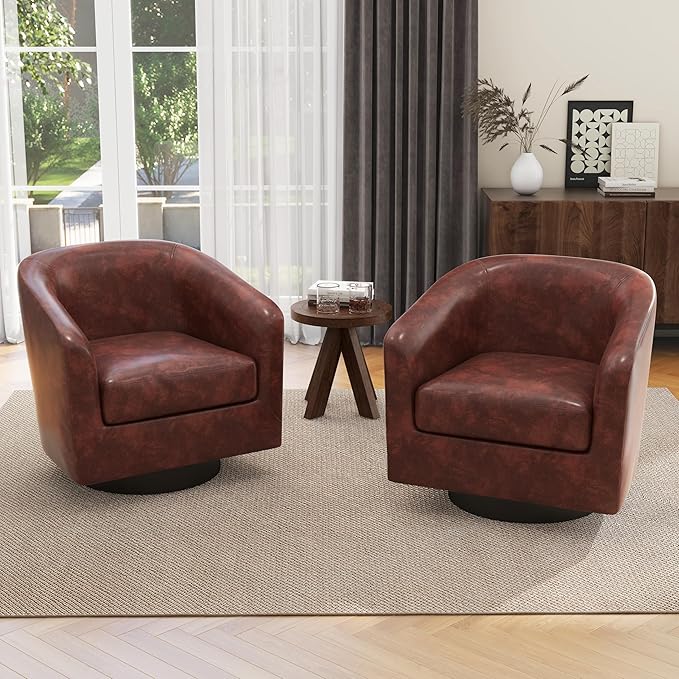 UIXE Faux Leather Swivel Accent Chairs Set of 2, Modern Upholstered Barrel Chairs for Living Room, Comfy Round Armchair Single Sofa Bedroom Reading Seat - 31" W, Red Brown
