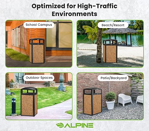 Alpine Outdoor Commercial Trash Can with Lid - 40 Gallon Heavy Duty Metal Garbage Can with Removable Bin, Locking Lid & a Modern Look in Park & High Traffic Areas (Black, Brown Stone Panels with Tray)