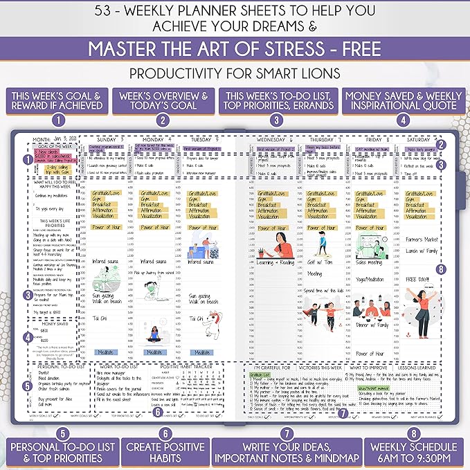 Hourly Planner - Undated Daily, Weekly & Monthly Planner with Budget Section | A 12 Month Journey to Increase Productivity & Happiness | Life Organizer & Gratitude Journal - Vertical Format