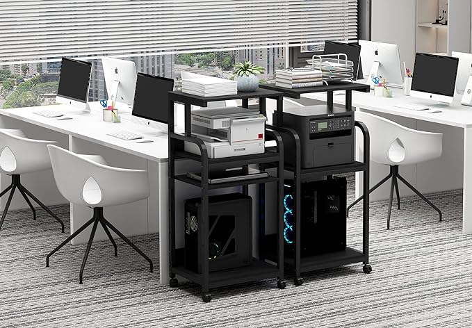 Printer Stand with Adjustable Shelf, 4 Tier Large Tall Printer Table with Wheels for Home Office Storage and Organization, Rolling Stand Cart for Computer Tower CPU Shredder, Black