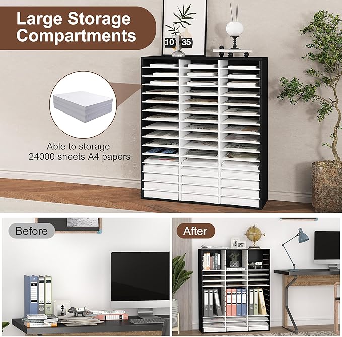 EasyPAG Mail Organizer Countertop, Wood Literature Organizer with Adjustable Shelves, Student Classroom Mailbox for School, Desktop Paper Sorter for Office Home, 48 Compartments, Black/White